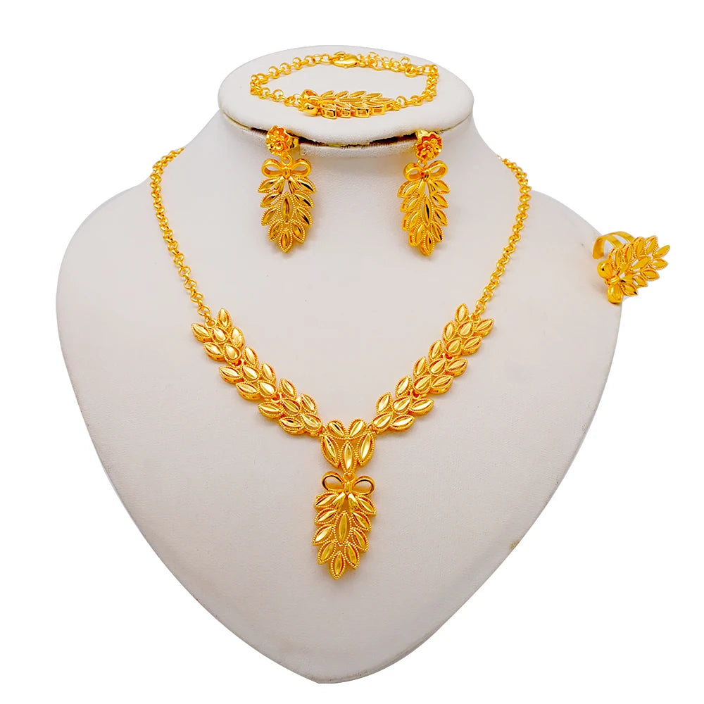 African Indian Gold Jewelry Set for Women – Dubai Style Bridal Tassel Long Necklace, Earrings, Ring & Bangle - Ideal Gift for Her