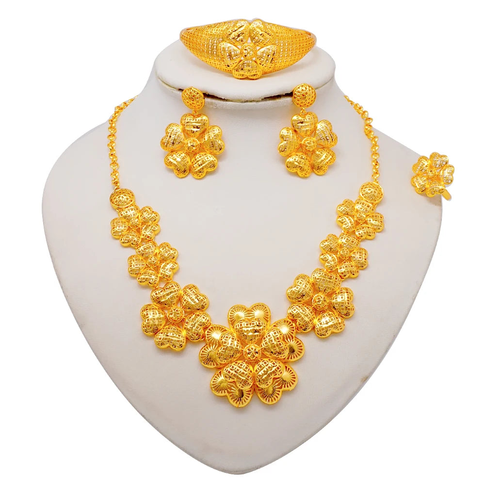 African Indian Gold Jewelry Set for Women – Dubai Style Bridal Tassel Long Necklace, Earrings, Ring & Bangle - Ideal Gift for Her