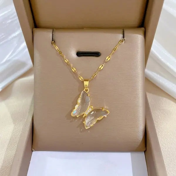 Zircon Inlaid Stainless Steel Choker Necklace for Women - Flower Butterfly Moon Design Pendant Tassel Clavicle Jewelry - Perfect Gift for Her