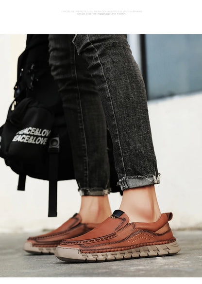 Classic Retro Leather Loafer Shoes for Men – Elegant Hand-Sewn Slip-On Casual Footwear for Summer & Spring Parties - Gift for Him
