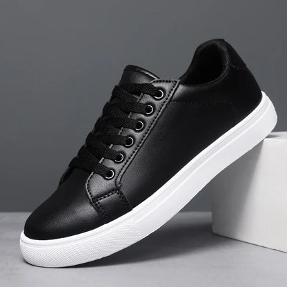 Hot Men’s Fashion Sneakers – Stylish Leather Flat Shoes for Everyday Comfort, White & Black Non-Slip Vulcanized Design - Gift for Him