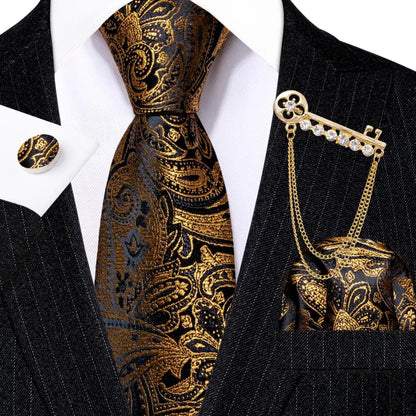 Luxury Floral Paisley Gold Black Silk Tie, Hanky, Cufflinks & Brooch Set - Men's Jacquard Necktie & Accessories for Business, Formal or Wedding - Ideal Gift for Him