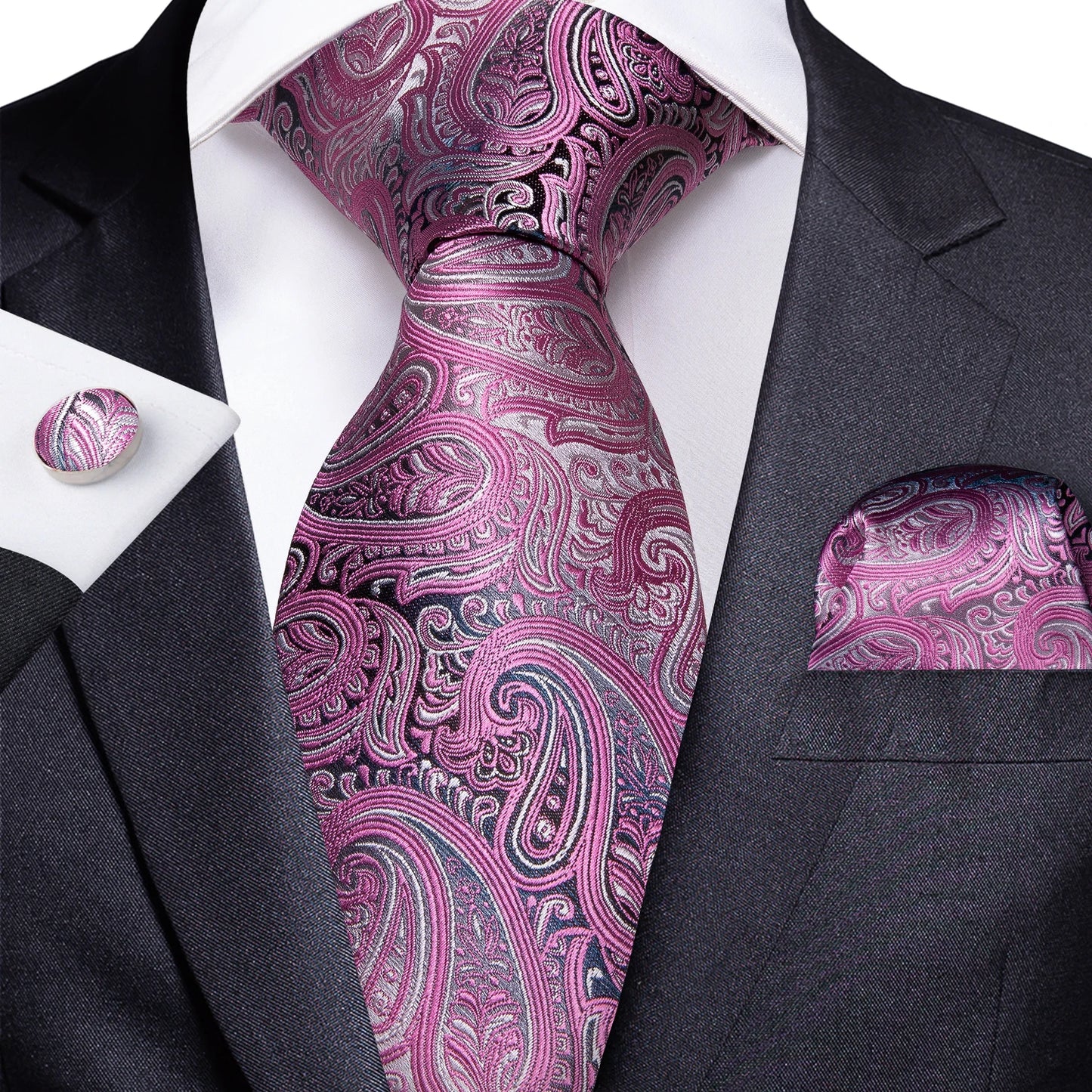 Luxury Orange Paisley Men's Tie Set for Business, Office, Party, Wedding| 3.15 Inch Silk Polyester Necktie, Cufflinks & Pocket Square - Perfect Gift for Him