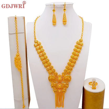 African Indian Gold Jewelry Set for Women – Dubai Style Bridal Tassel Long Necklace, Earrings, Ring & Bangle - Ideal Gift for Her