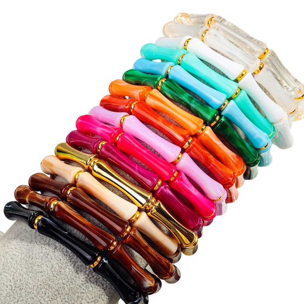 Three Pieces Set of Boho Bamboo Acrylic Bracelets for Women  -  New Colorful Resin Thin Tube Bead Stretchy Bracelet Bangle Stackable Jewelry - Perfect Gift for Women