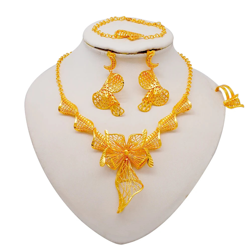 African Indian Gold Jewelry Set for Women – Dubai Style Bridal Tassel Long Necklace, Earrings, Ring & Bangle - Ideal Gift for Her