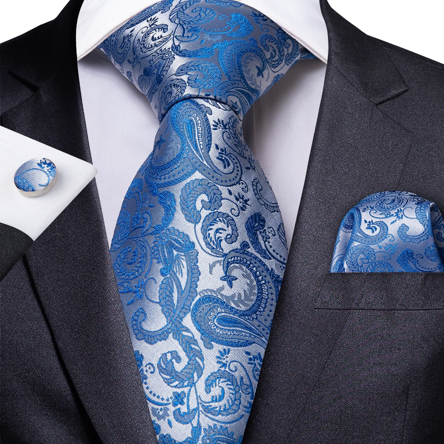 Luxury Orange Paisley Men's Tie Set for Business, Office, Party, Wedding| 3.15 Inch Silk Polyester Necktie, Cufflinks & Pocket Square - Perfect Gift for Him