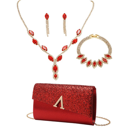 4PCS Evening Purse and Jewelry Set for Women – Glitter Clutch with Matching Necklace, Earrings & Bracelet for Banquet or Bridal Events - Elegant Gift for Her