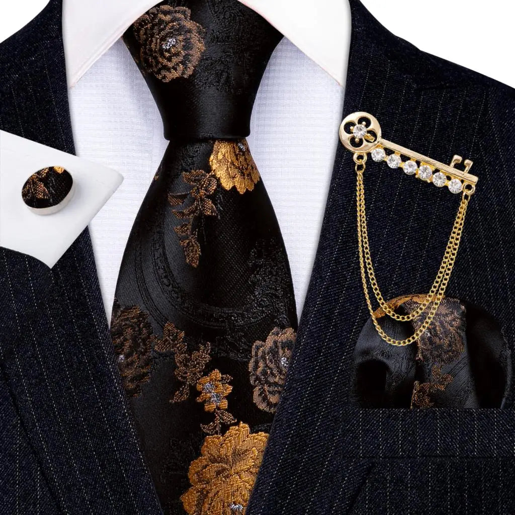 Luxury Floral Paisley Gold Black Silk Tie, Hanky, Cufflinks & Brooch Set - Men's Jacquard Necktie & Accessories for Business, Formal or Wedding - Ideal Gift for Him