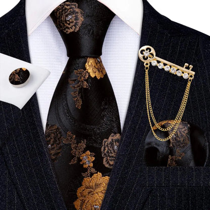 Luxury Floral Paisley Gold Black Silk Tie, Hanky, Cufflinks & Brooch Set - Men's Jacquard Necktie & Accessories for Business, Formal or Wedding - Ideal Gift for Him