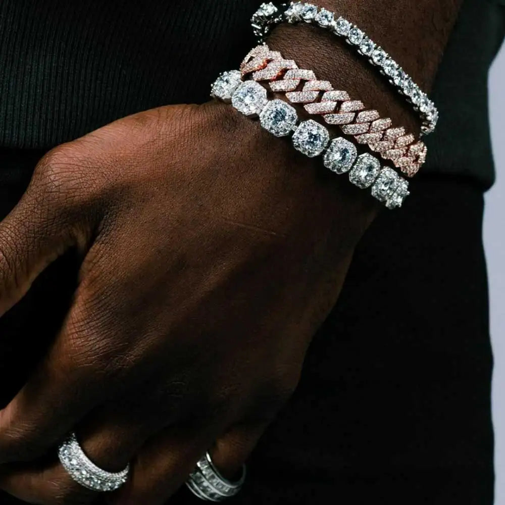 Unisex Hip Hop Iced Out CZ Tennis Bracelet – 10/12mm Square Diamond Link Chain Jewelry - Elegant Gift for All
