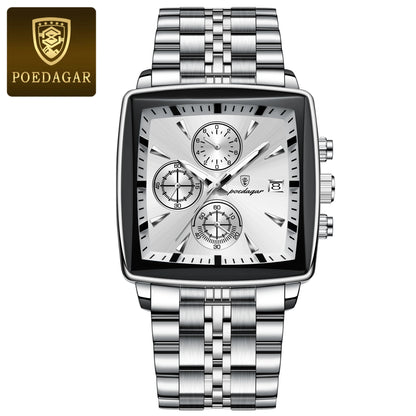 POEDAGAR Square Men’s Watch, Waterproof – Premium Stainless Steel Chronograph with Luminous Display Casual Wrist Watch. Gift for all.