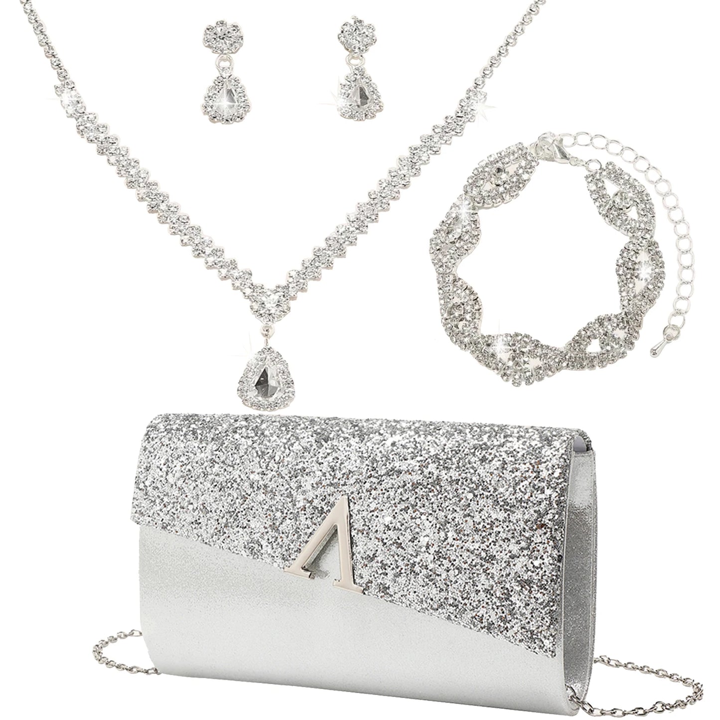 4PCS Evening Purse and Jewelry Set for Women – Glitter Clutch with Matching Necklace, Earrings & Bracelet for Banquet or Bridal Events - Elegant Gift for Her