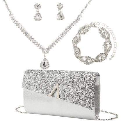 4PCS Evening Purse and Jewelry Set for Women – Glitter Clutch with Matching Necklace, Earrings & Bracelet for Banquet or Bridal Events - Elegant Gift for Her