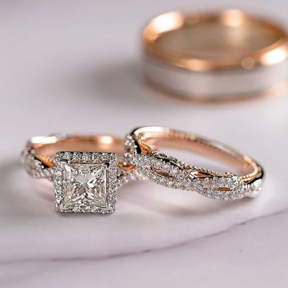 3-in-1 Vintage 14K Gold Engagement, Wedding & Promise Ring Set with Lab Diamonds – Unisex Party Jewelry & Perfect Gift for Couple