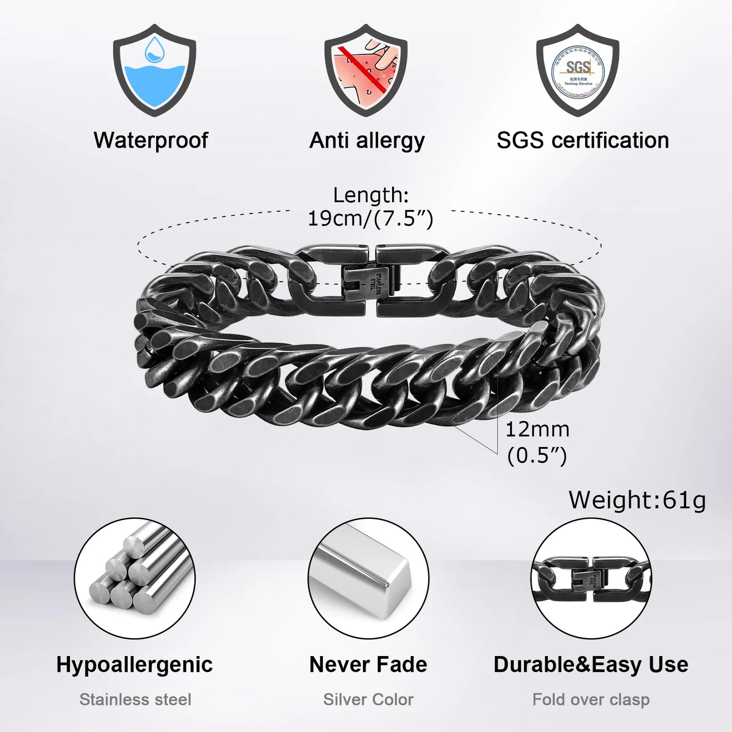 Bold 8mm/12mm Oxidized Stainless Steel Cuban Link Bracelet for Men - Punk Rock Style Wristband for Daily Wear & Party - Perfect Jewelry Gift for Him