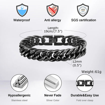 Bold 8mm/12mm Oxidized Stainless Steel Cuban Link Bracelet for Men - Punk Rock Style Wristband for Daily Wear & Party - Perfect Jewelry Gift for Him