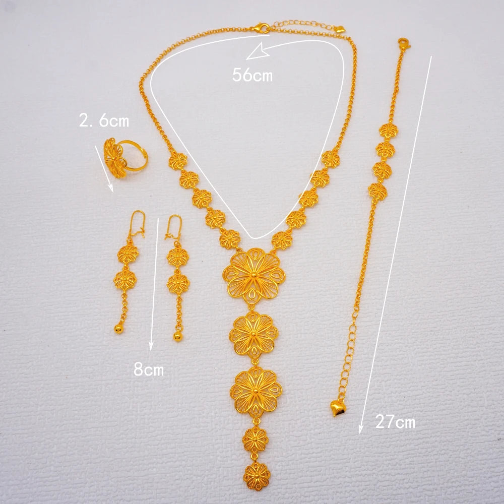 African Indian Gold Jewelry Set for Women – Dubai Style Bridal Tassel Long Necklace, Earrings, Ring & Bangle - Ideal Gift for Her