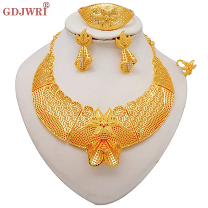 African Indian Gold Jewelry Set for Women – Dubai Style Bridal Tassel Long Necklace, Earrings, Ring & Bangle - Ideal Gift for Her