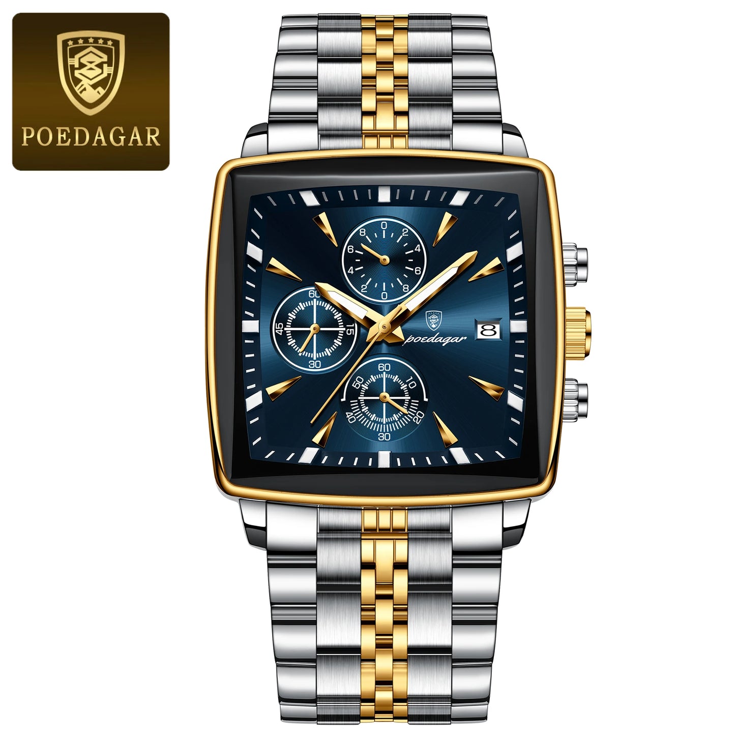 POEDAGAR Square Men’s Watch, Waterproof – Premium Stainless Steel Chronograph with Luminous Display Casual Wrist Watch. Gift for all.