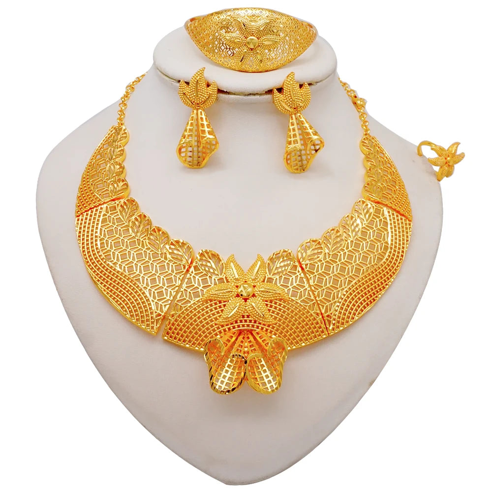 African Indian Gold Jewelry Set for Women – Dubai Style Bridal Tassel Long Necklace, Earrings, Ring & Bangle - Ideal Gift for Her