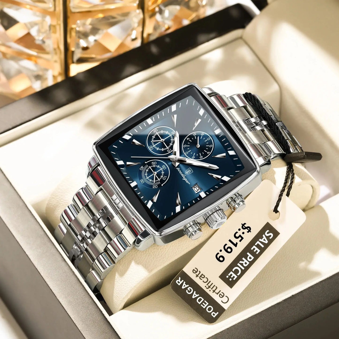 POEDAGAR Square Men’s Watch, Waterproof – Premium Stainless Steel Chronograph with Luminous Display Casual Wrist Watch. Gift for all.