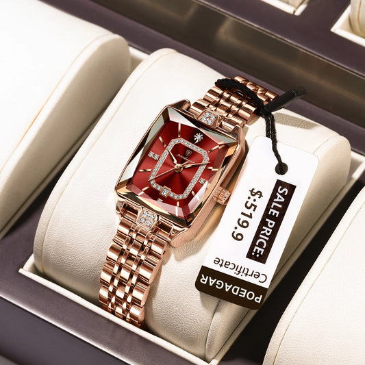 Luxury Rectangle Stainless Steel Women’s Wristwatch | POEDAGAR Waterproof Quartz Watch with Date Display | Ideal Gift for Her