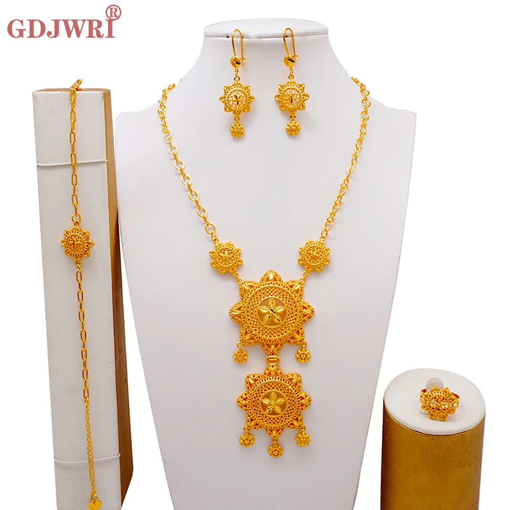 African Indian Gold Jewelry Set for Women – Dubai Style Bridal Tassel Long Necklace, Earrings, Ring & Bangle - Ideal Gift for Her