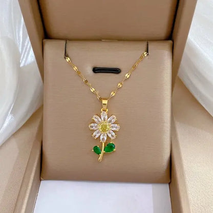 Zircon Inlaid Stainless Steel Choker Necklace for Women - Flower Butterfly Moon Design Pendant Tassel Clavicle Jewelry - Perfect Gift for Her