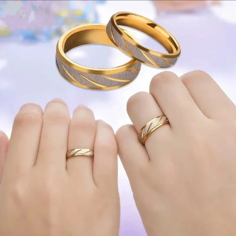 Gold Wave Pattern Stainless Steel Couple Rings – Titanium Wedding & Engagement Jewelry - Perfect Gift for Lovers