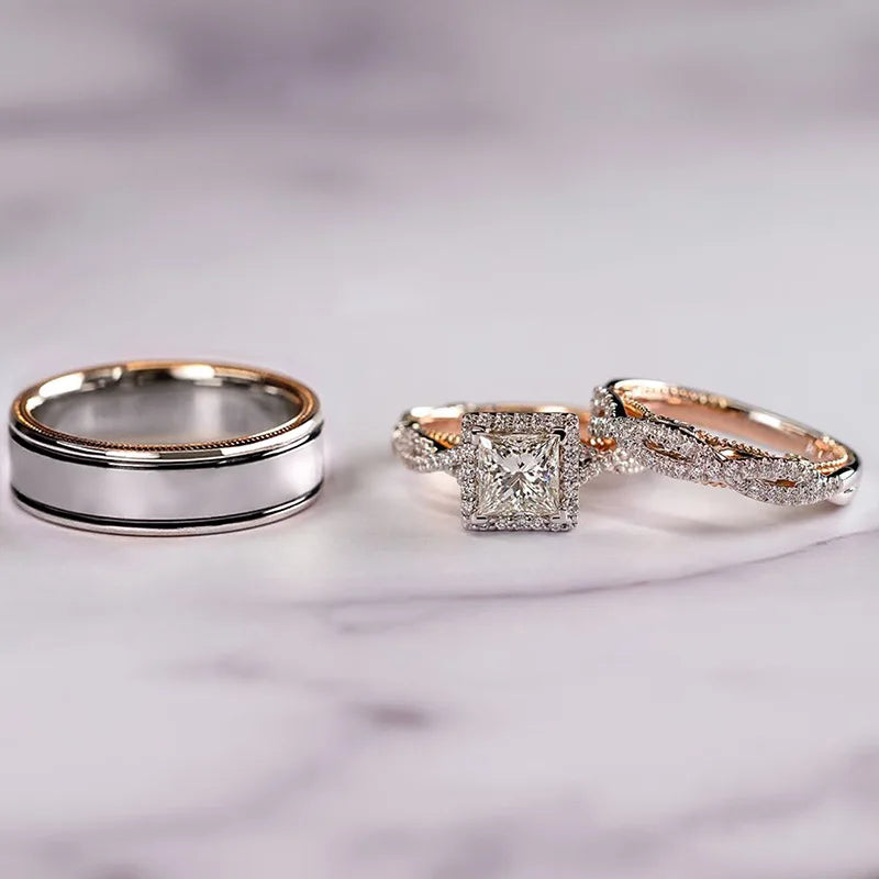 3-in-1 Vintage 14K Gold Engagement, Wedding & Promise Ring Set with Lab Diamonds – Unisex Party Jewelry & Perfect Gift for Couple
