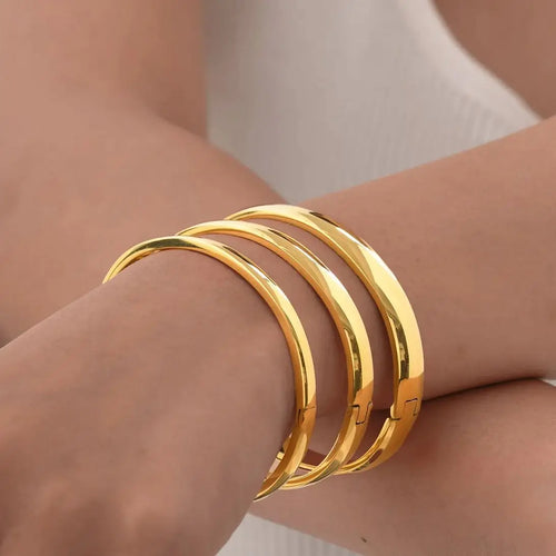 18K Gold Plated Stainless Steel Bangles for Women – 4mm, 5.7mm & 7.7mm Smooth Openable Bracelet, Classic & Elegant Jewelry Accessory