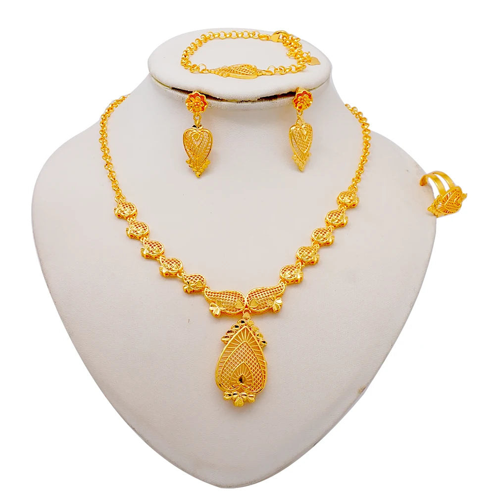 African Indian Gold Jewelry Set for Women – Dubai Style Bridal Tassel Long Necklace, Earrings, Ring & Bangle - Ideal Gift for Her