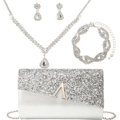 4PCS Evening Purse and Jewelry Set for Women – Glitter Clutch with Matching Necklace, Earrings & Bracelet for Banquet or Bridal Events - Elegant Gift for Her