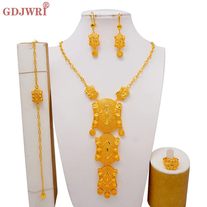 African Indian Gold Jewelry Set for Women – Dubai Style Bridal Tassel Long Necklace, Earrings, Ring & Bangle - Ideal Gift for Her