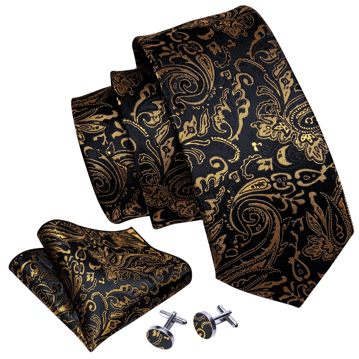 Luxury Floral Paisley Gold Black Silk Tie, Hanky, Cufflinks & Brooch Set - Men's Jacquard Necktie & Accessories for Business, Formal or Wedding - Ideal Gift for Him