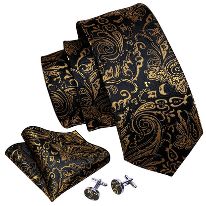 Luxury Floral Paisley Gold Black Silk Tie, Hanky, Cufflinks & Brooch Set - Men's Jacquard Necktie & Accessories for Business, Formal or Wedding - Ideal Gift for Him