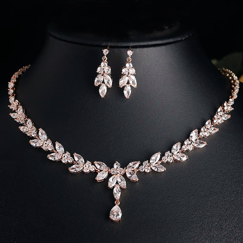 Women's Wedding Accessories Uilz Leaf Earrings & Necklace with Zircon Embellishments - Perfect Gift for Women