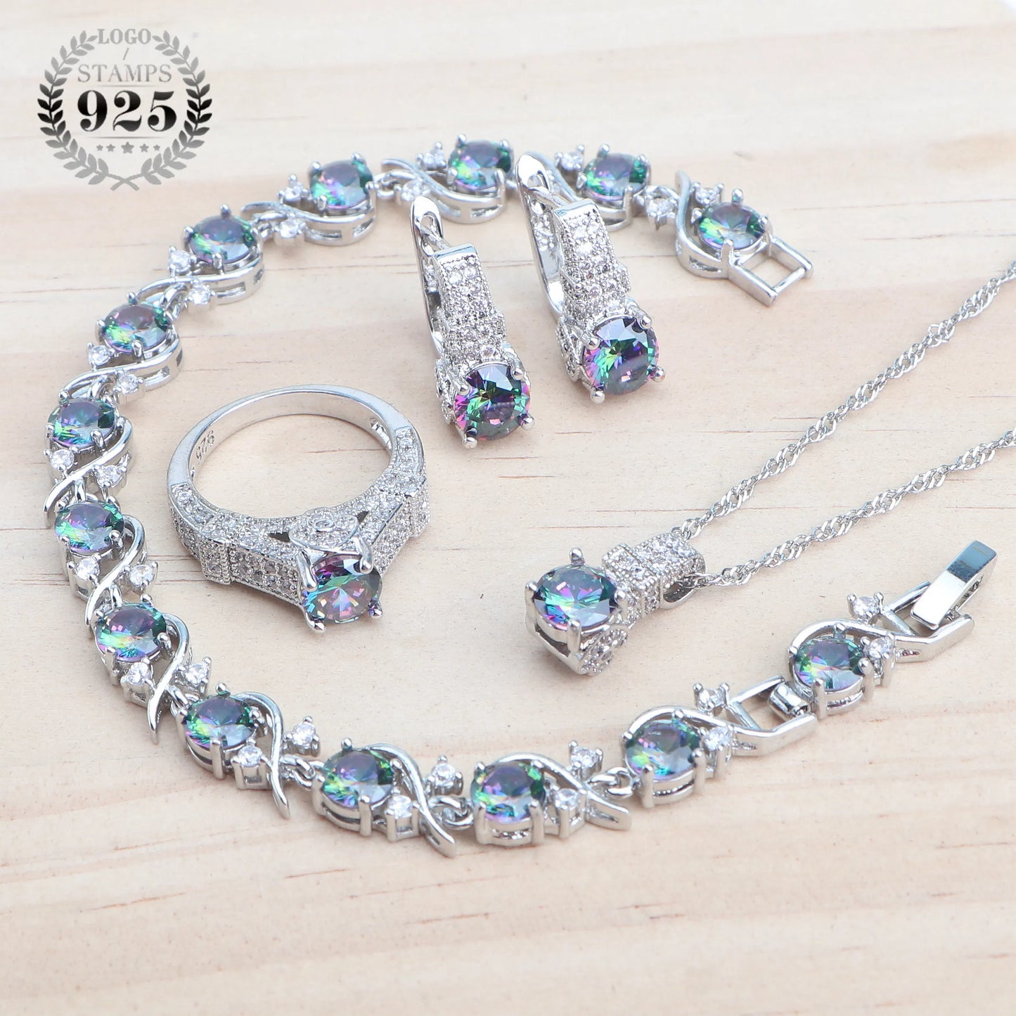 Elegant 925 Sterling Silver Jewelry Set with Purple Zircon Stones - Includes Earrings, Bracelet, Ring, and Necklace