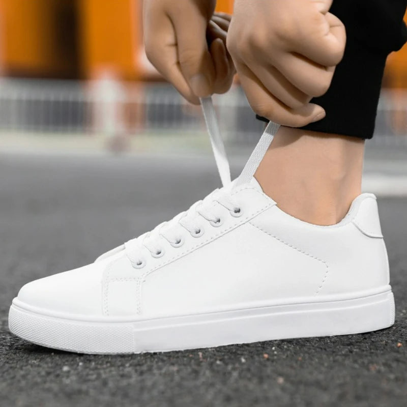 Hot Men’s Fashion Sneakers – Stylish Leather Flat Shoes for Everyday Comfort, White & Black Non-Slip Vulcanized Design - Gift for Him