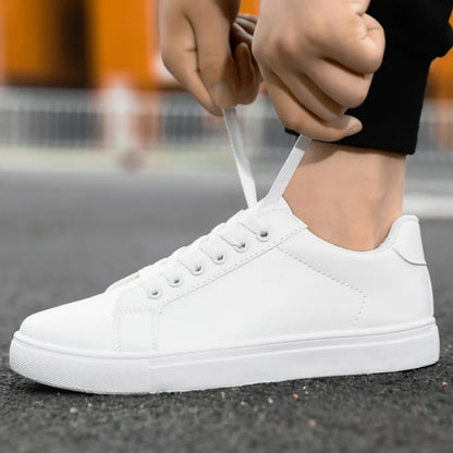 Hot Men’s Fashion Sneakers – Stylish Leather Flat Shoes for Everyday Comfort, White & Black Non-Slip Vulcanized Design - Gift for Him