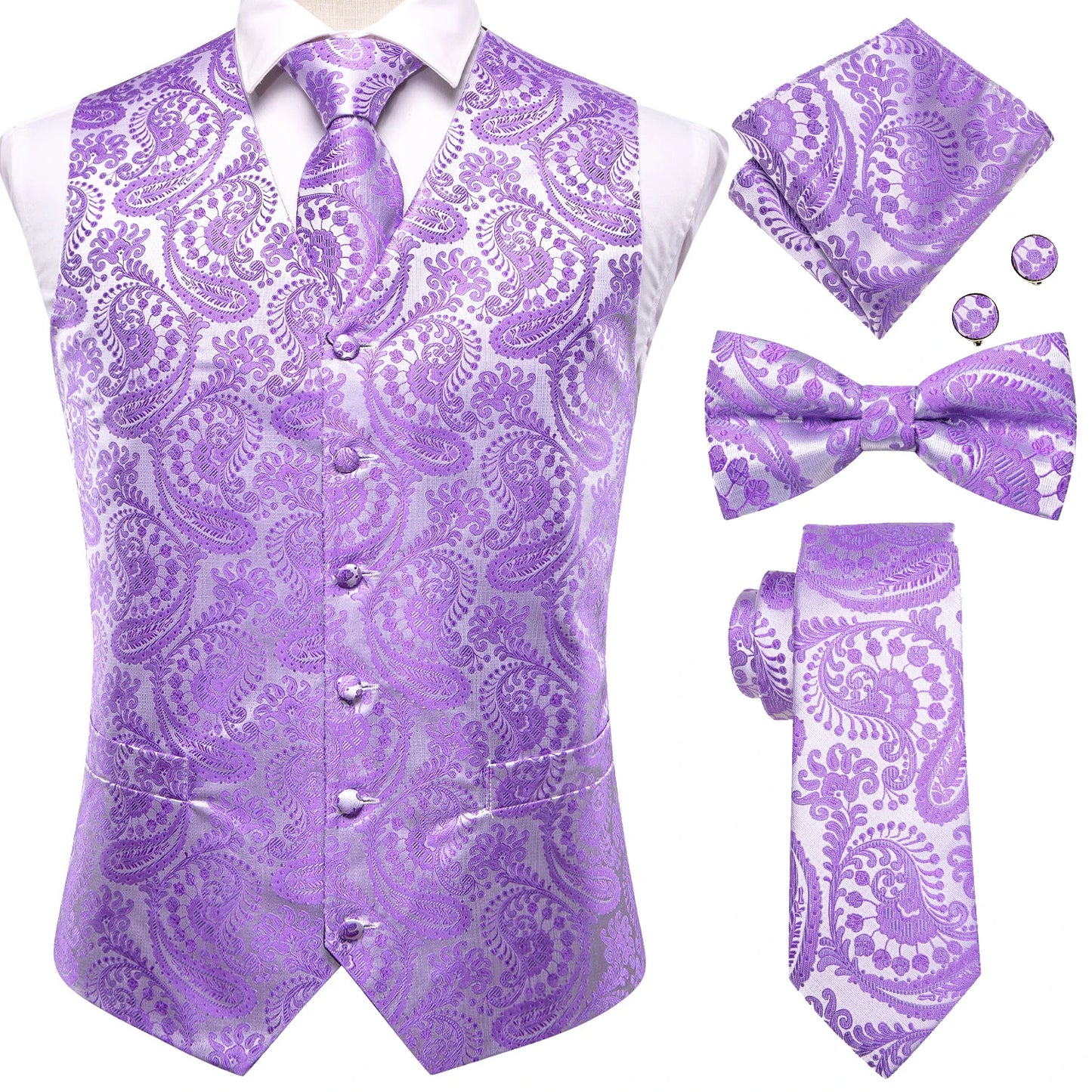 Elegant Men's Formal Silk Vest & Accessories By Hi-Tie | Waistcoat Set with Tie, Bowtie, Hanky, Cufflinks for Business, Office, Party, Wedding - Ideal Gift for Him