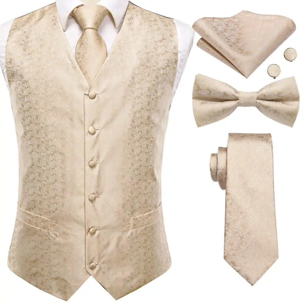 Elegant Men's Formal Silk Vest & Accessories By Hi-Tie | Waistcoat Set with Tie, Bowtie, Hanky, Cufflinks for Business, Office, Party, Wedding - Ideal Gift for Him