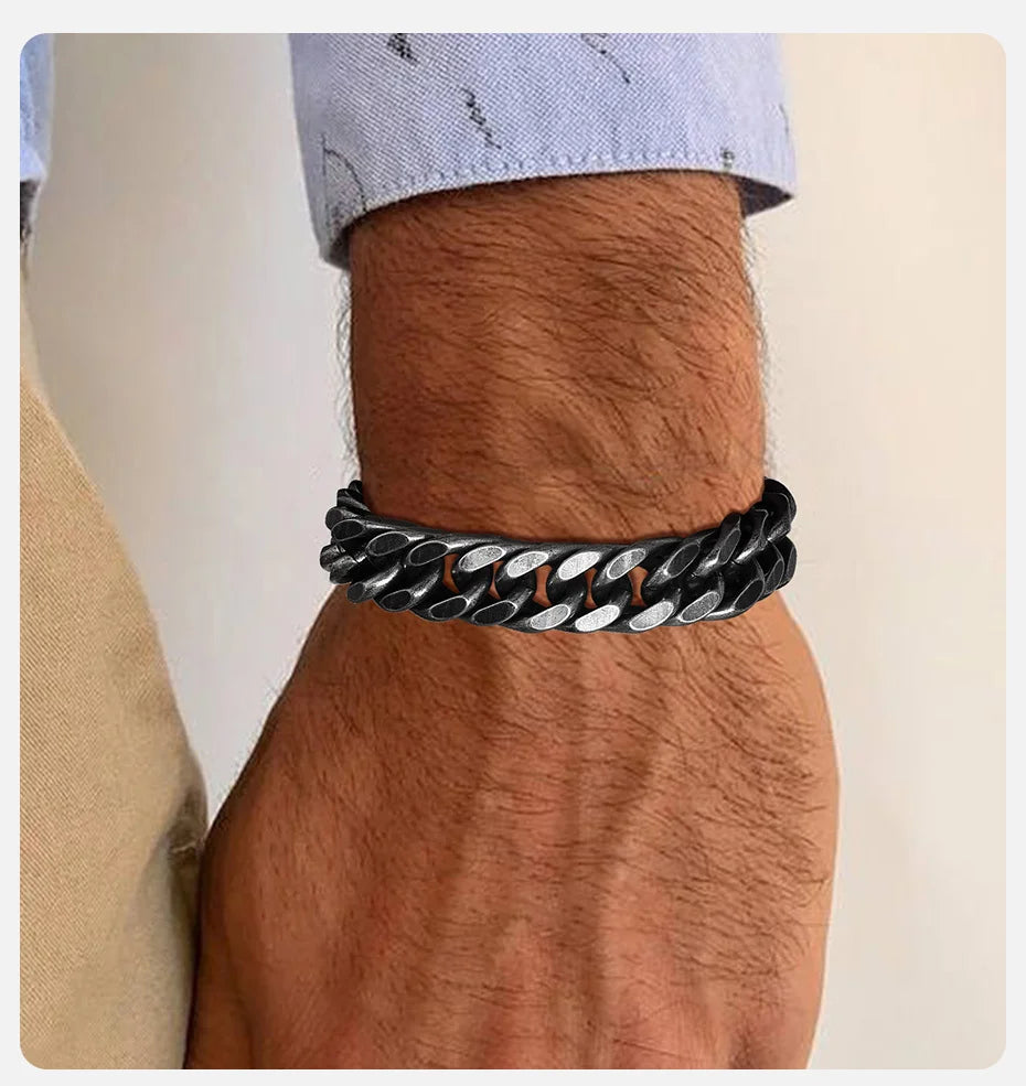 Bold 8mm/12mm Oxidized Stainless Steel Cuban Link Bracelet for Men - Punk Rock Style Wristband for Daily Wear & Party - Perfect Jewelry Gift for Him