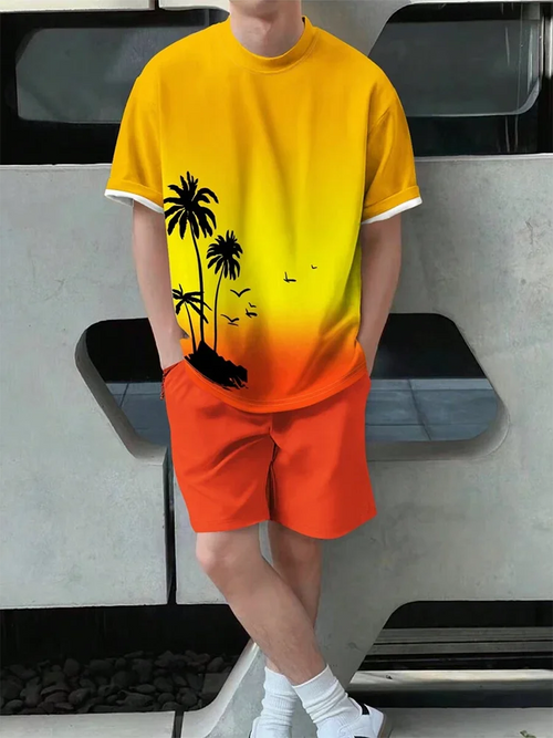 Casual Men's Summer T-Shirt & Shorts Set With Palm Tree Print – Short Sleeve Hawaiian Beachwear - Perfect Gift for Him