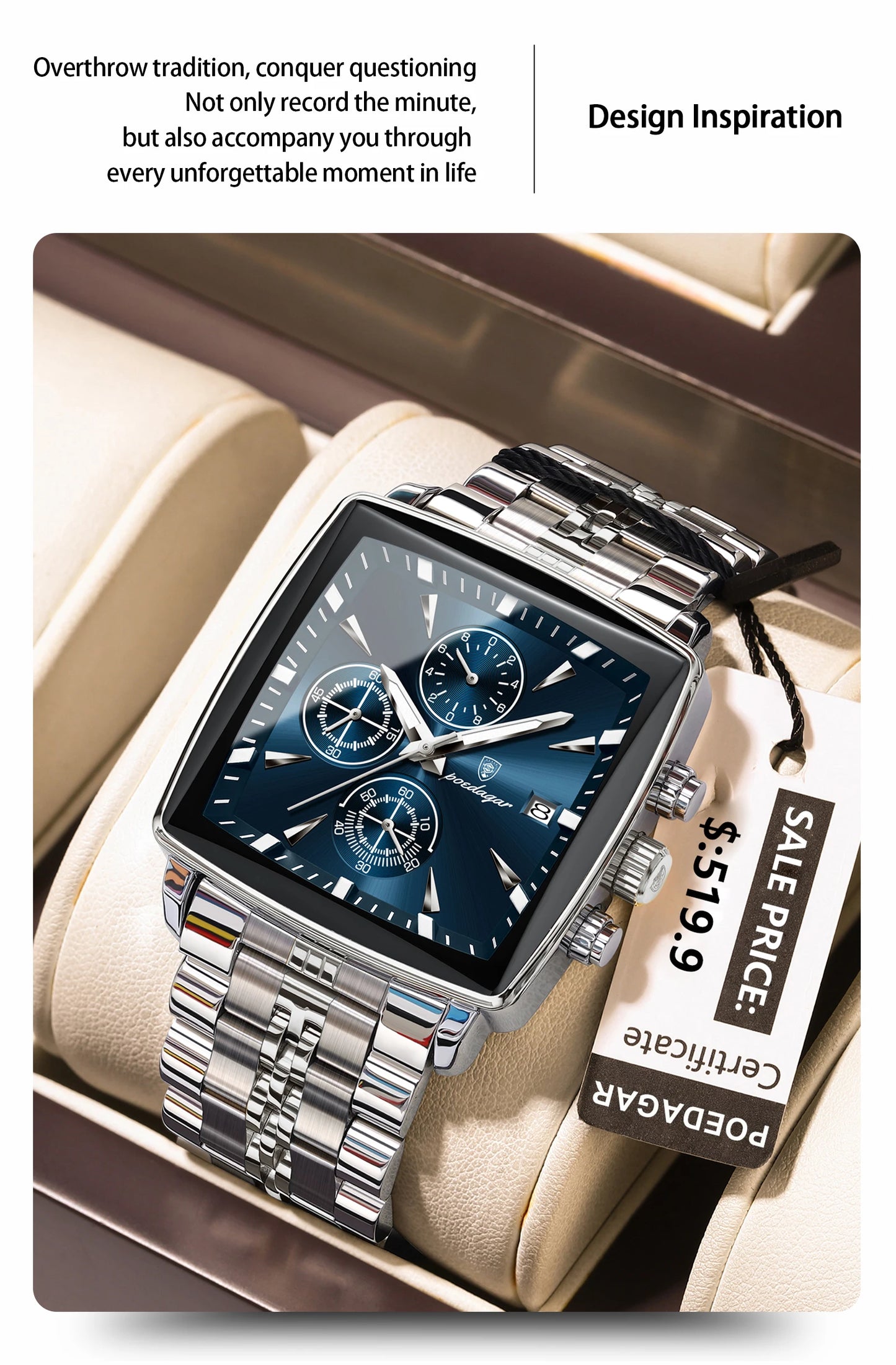 POEDAGAR Square Men’s Watch, Waterproof – Premium Stainless Steel Chronograph with Luminous Display Casual Wrist Watch. Gift for all.