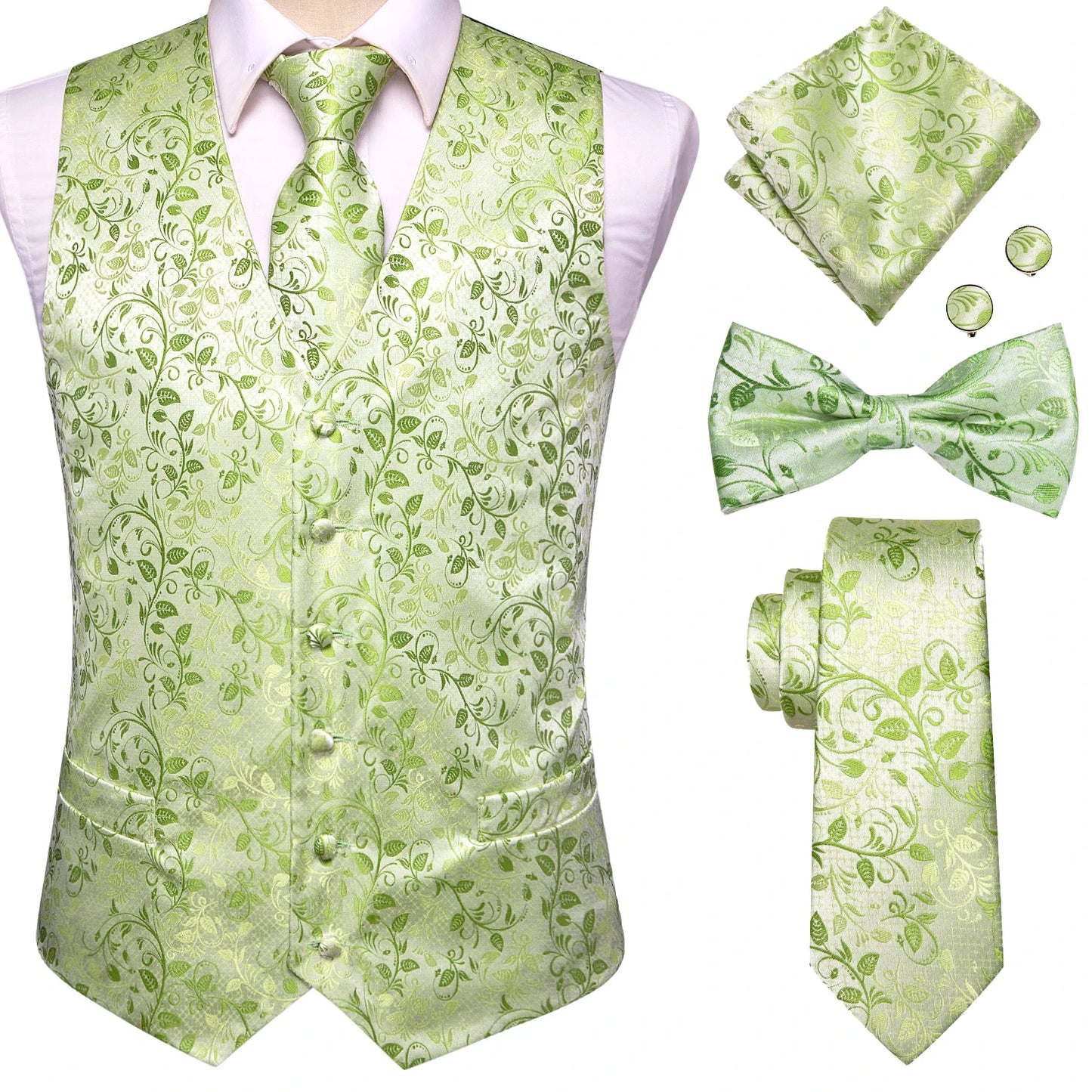 Elegant Men's Formal Silk Vest & Accessories By Hi-Tie | Waistcoat Set with Tie, Bowtie, Hanky, Cufflinks for Business, Office, Party, Wedding - Ideal Gift for Him