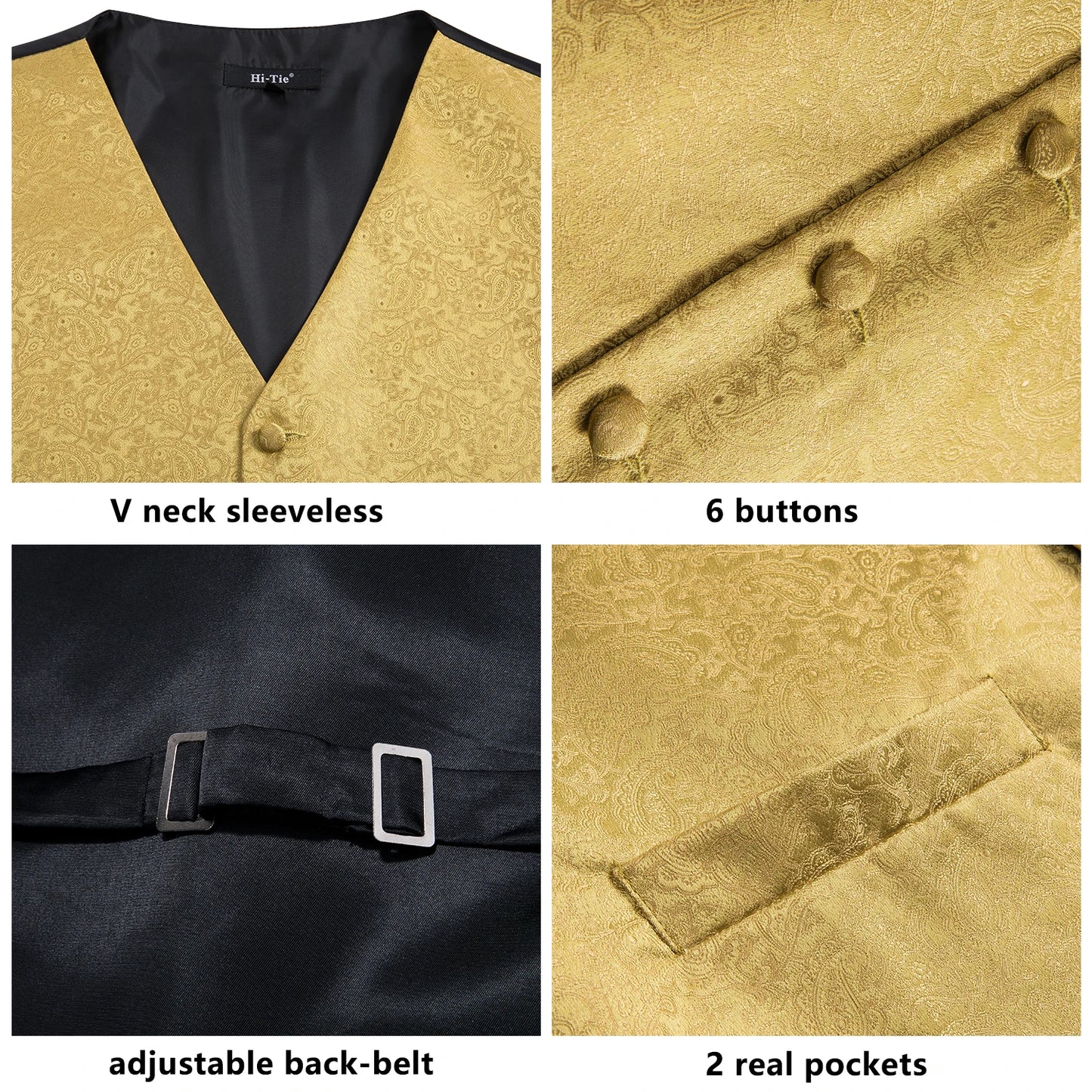 Elegant Men's Formal Silk Vest & Accessories By Hi-Tie | Waistcoat Set with Tie, Bowtie, Hanky, Cufflinks for Business, Office, Party, Wedding - Ideal Gift for Him