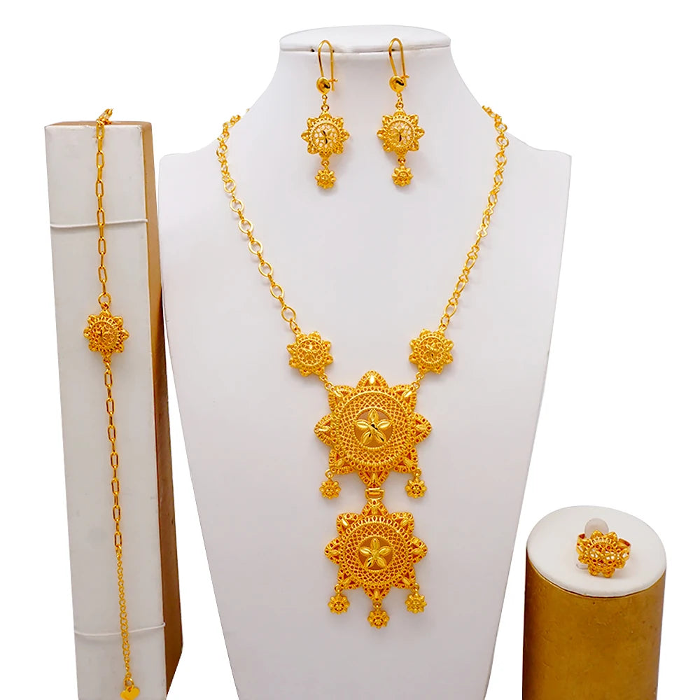 African Indian Gold Jewelry Set for Women – Dubai Style Bridal Tassel Long Necklace, Earrings, Ring & Bangle - Ideal Gift for Her