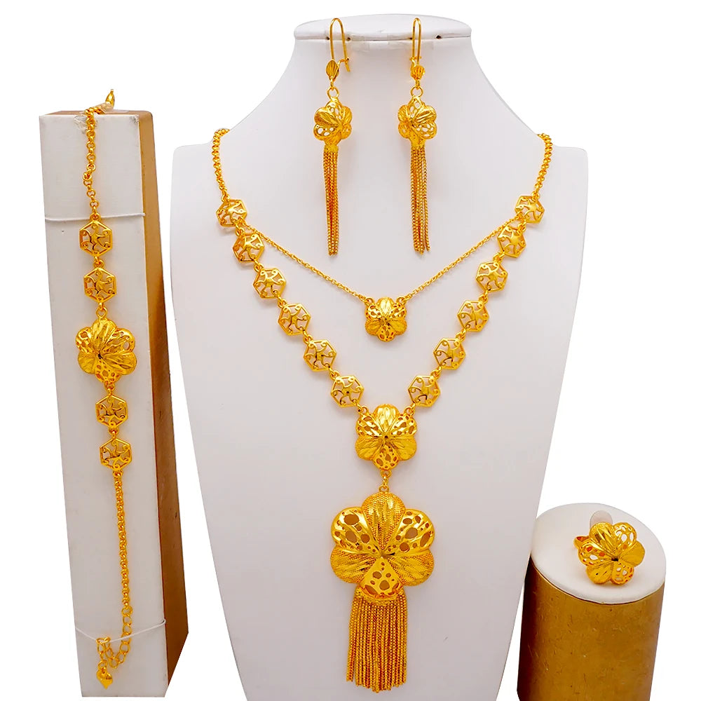 African Indian Gold Jewelry Set for Women – Dubai Style Bridal Tassel Long Necklace, Earrings, Ring & Bangle - Ideal Gift for Her